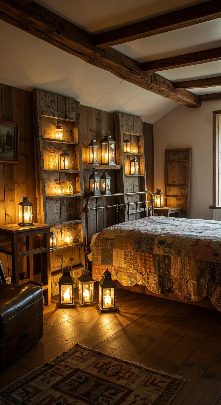 Rustieke slaapkamer met houten wanden en diverse lantaarns met kaarsen.