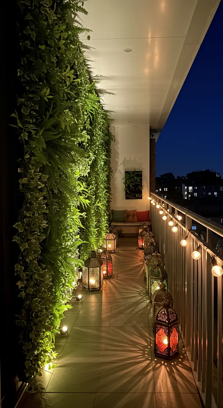 Smal balkon met een verticale groene wand en diverse lantaarns op de vloer.