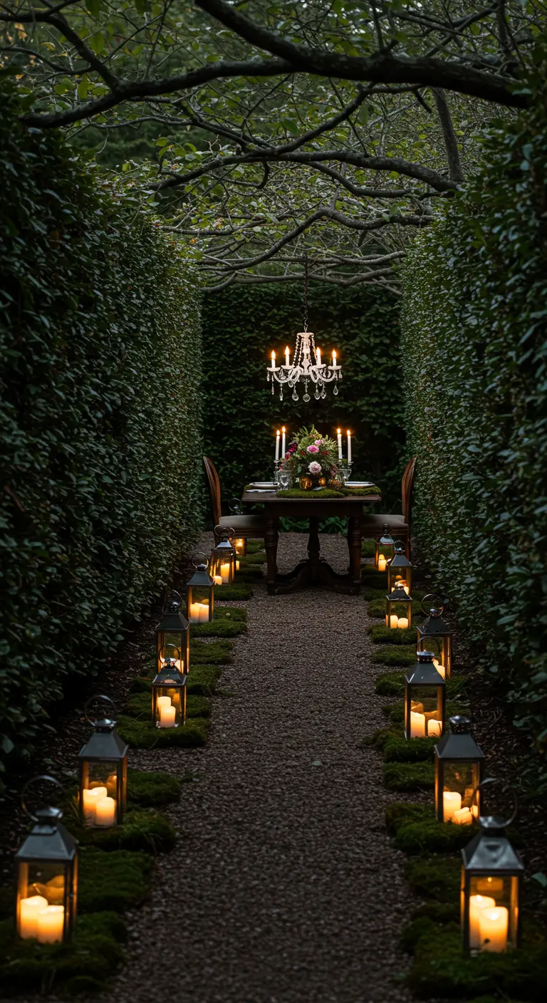 Pad verlicht met lantaarns naar een tuintafel met kroonluchter.
