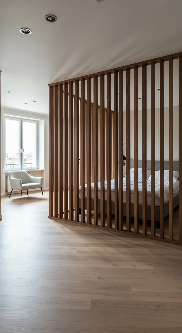 Open houten lattenconstructie als roomdivider tussen slaapgedeelte en zithoek.