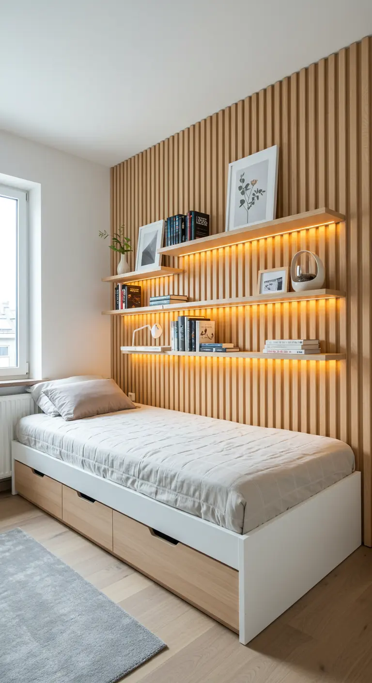 Houten lattenwand met geïntegreerde boekenplanken en LED-verlichting onder de planken.