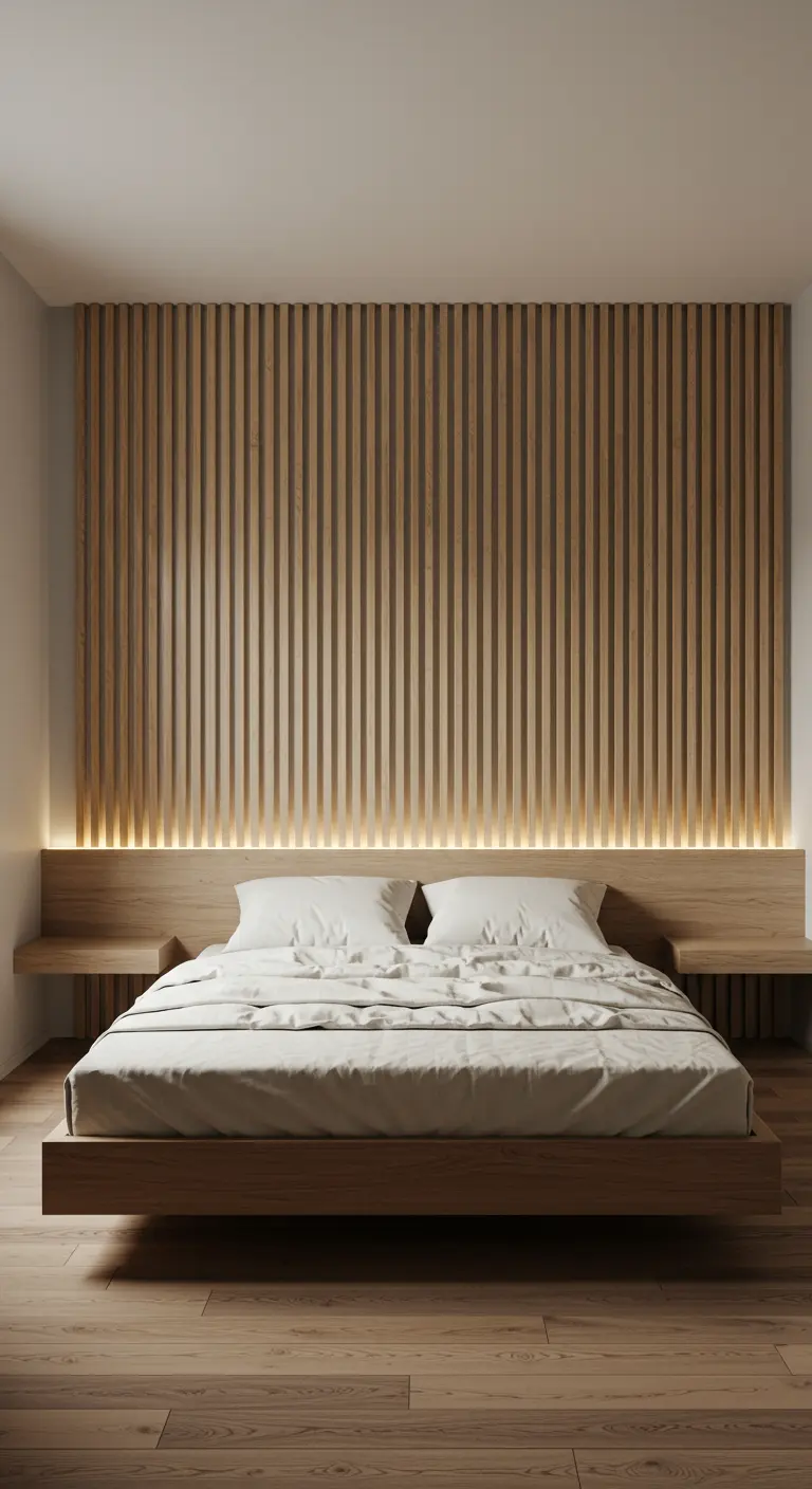 Japandi slaapkamer met houten lattenwand als hoofdbord en indirecte verlichting.
