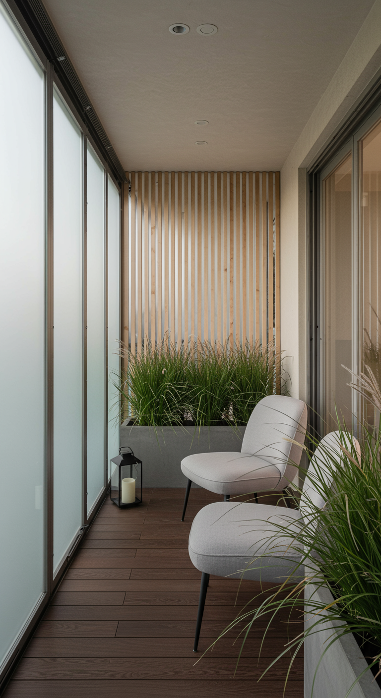 Balkon met een wand van verticale houten latten, twee designstoelen en plantenbakken met siergras.