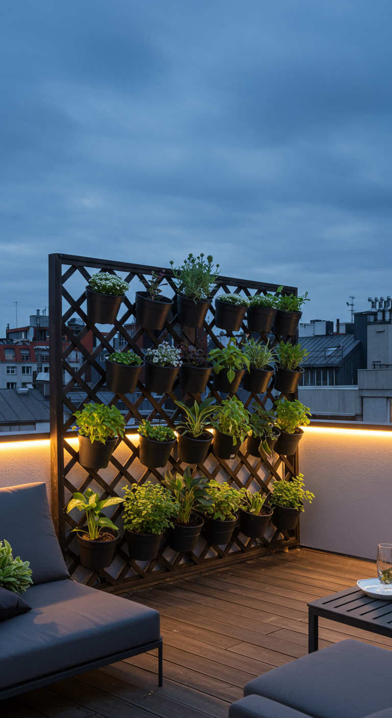 Modern zwart lattenwerk als verticale plantenwand op een dakterras bij avond.