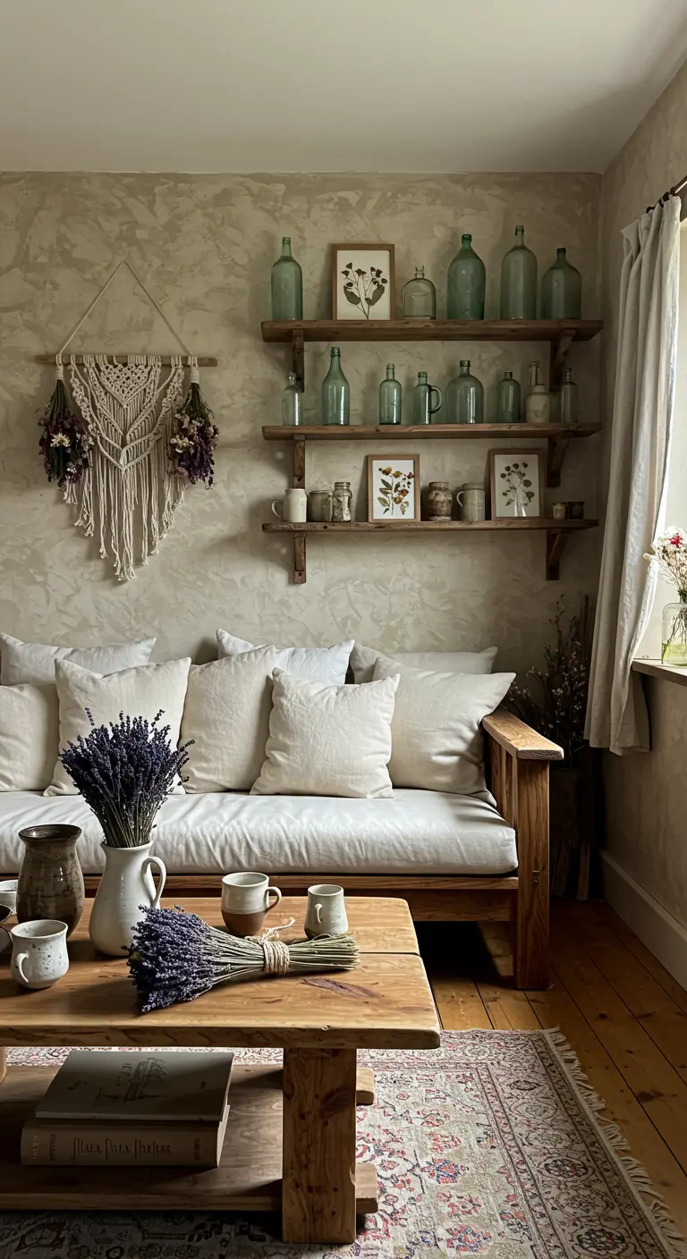 Rustige woonkamer met lavendel, houten meubels en macramé wanddecoratie.