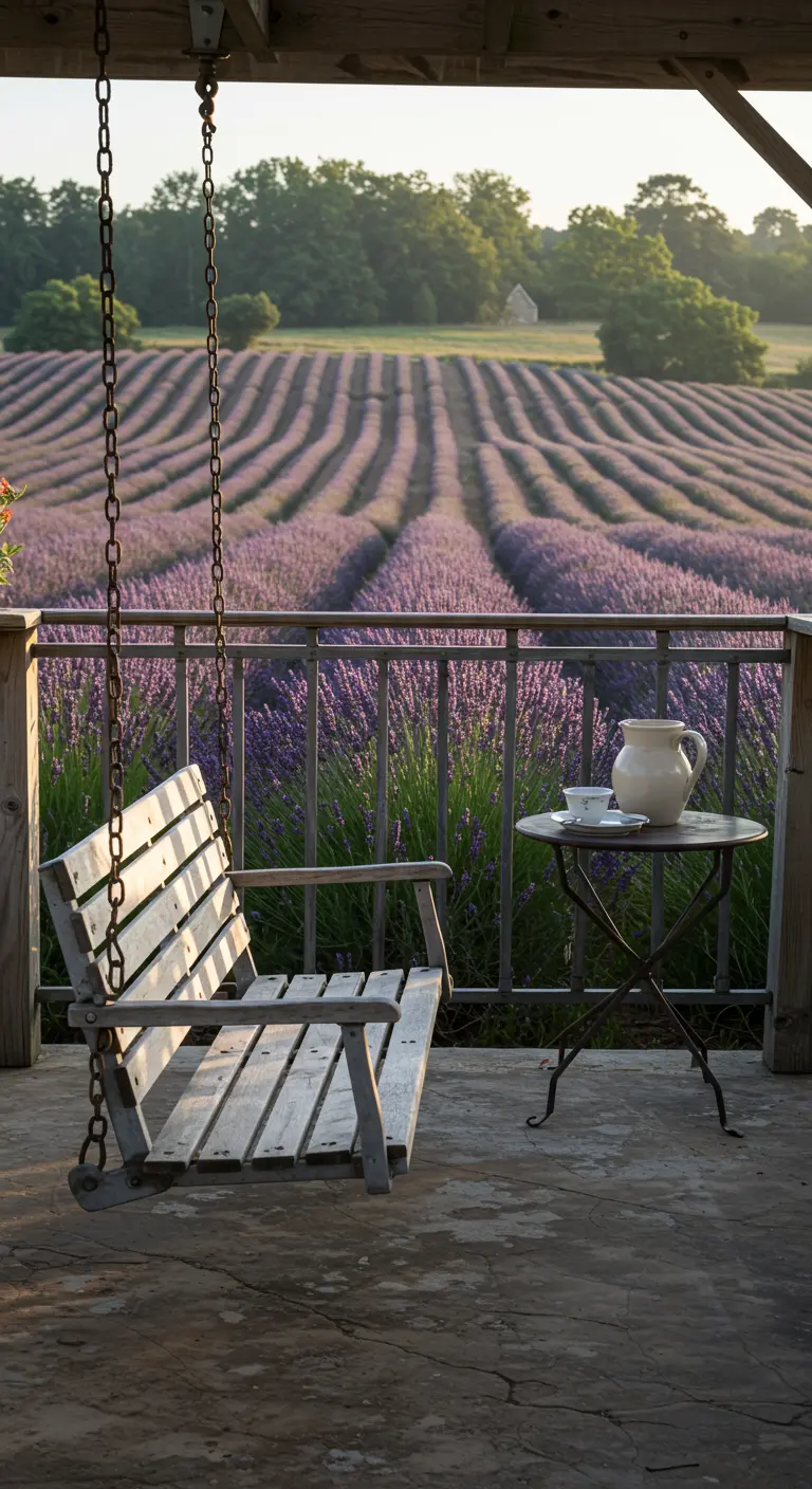 Witgeverfde houten schommelbank op veranda met uitzicht op lavendelveld.