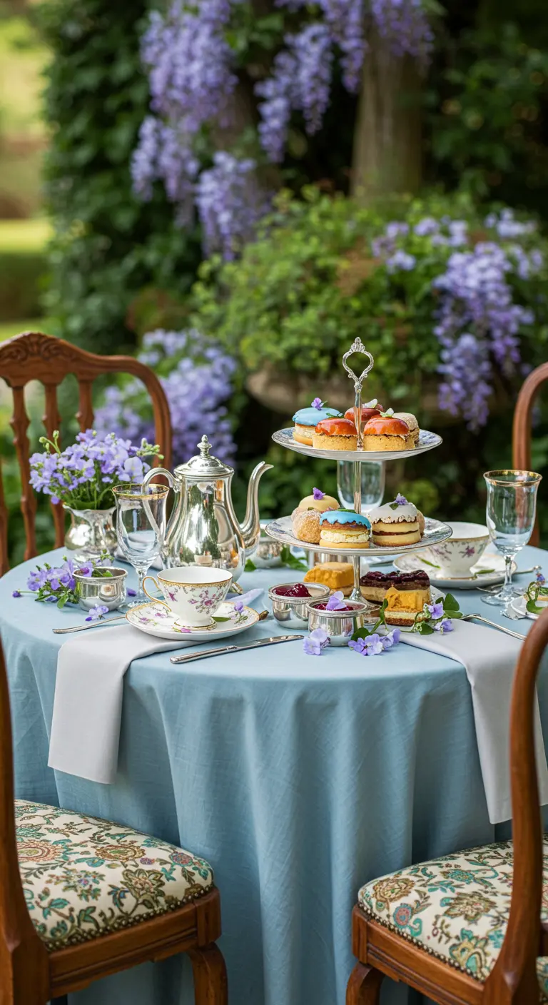 High tea tafel met lichtblauw tafelkleed, lavendeldecoraties en zilveren theepot.
