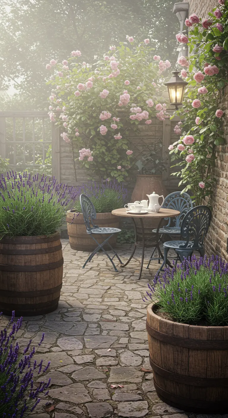 Romantisch klinkerterras met houten wijnvaten vol lavendel en klimrozen langs een stenen muur en lantaarn.
