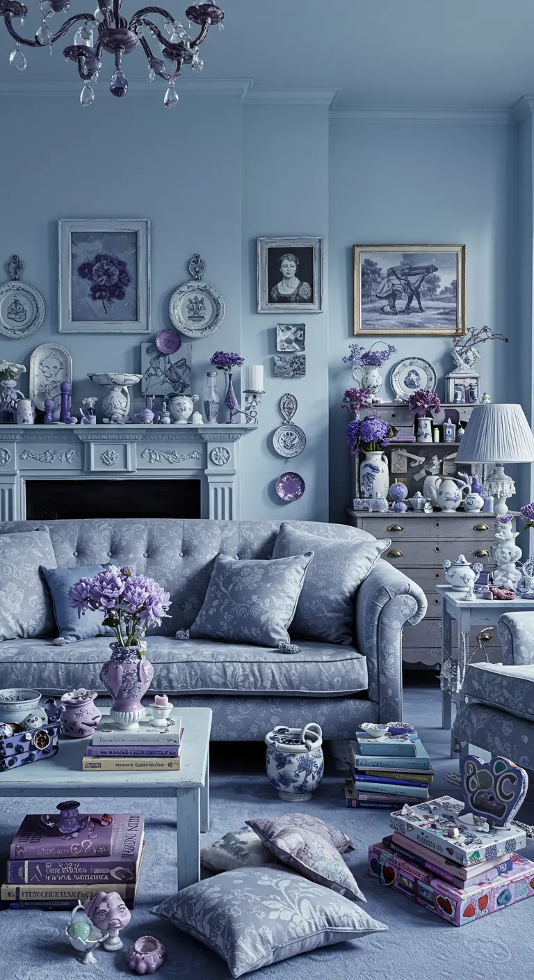 Romantische woonkamer in lavendelblauw en lichtpaars met veel brocante accessoires.