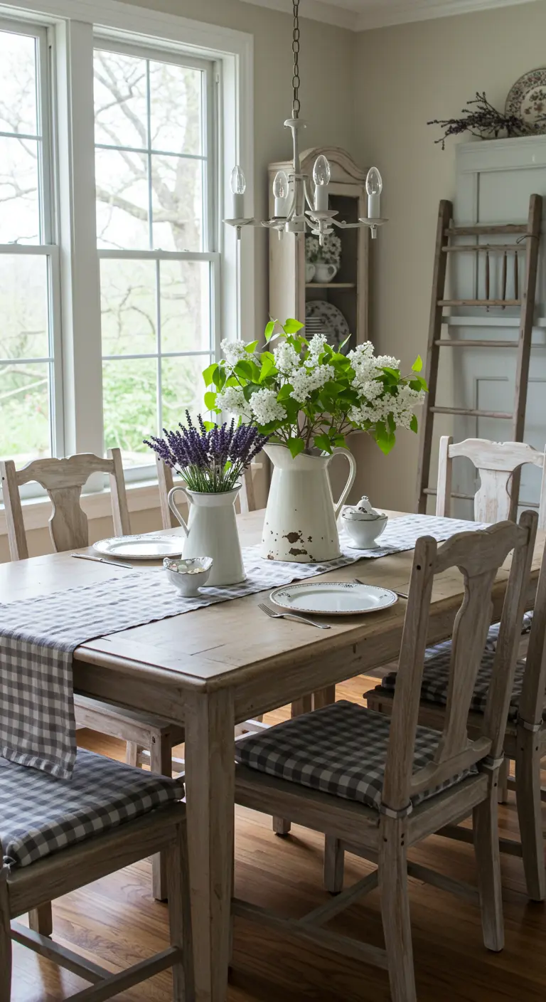 Landelijke eettafel met geruite tafelloper, kannen met lavendel en seringentakken, en houten stoelen.