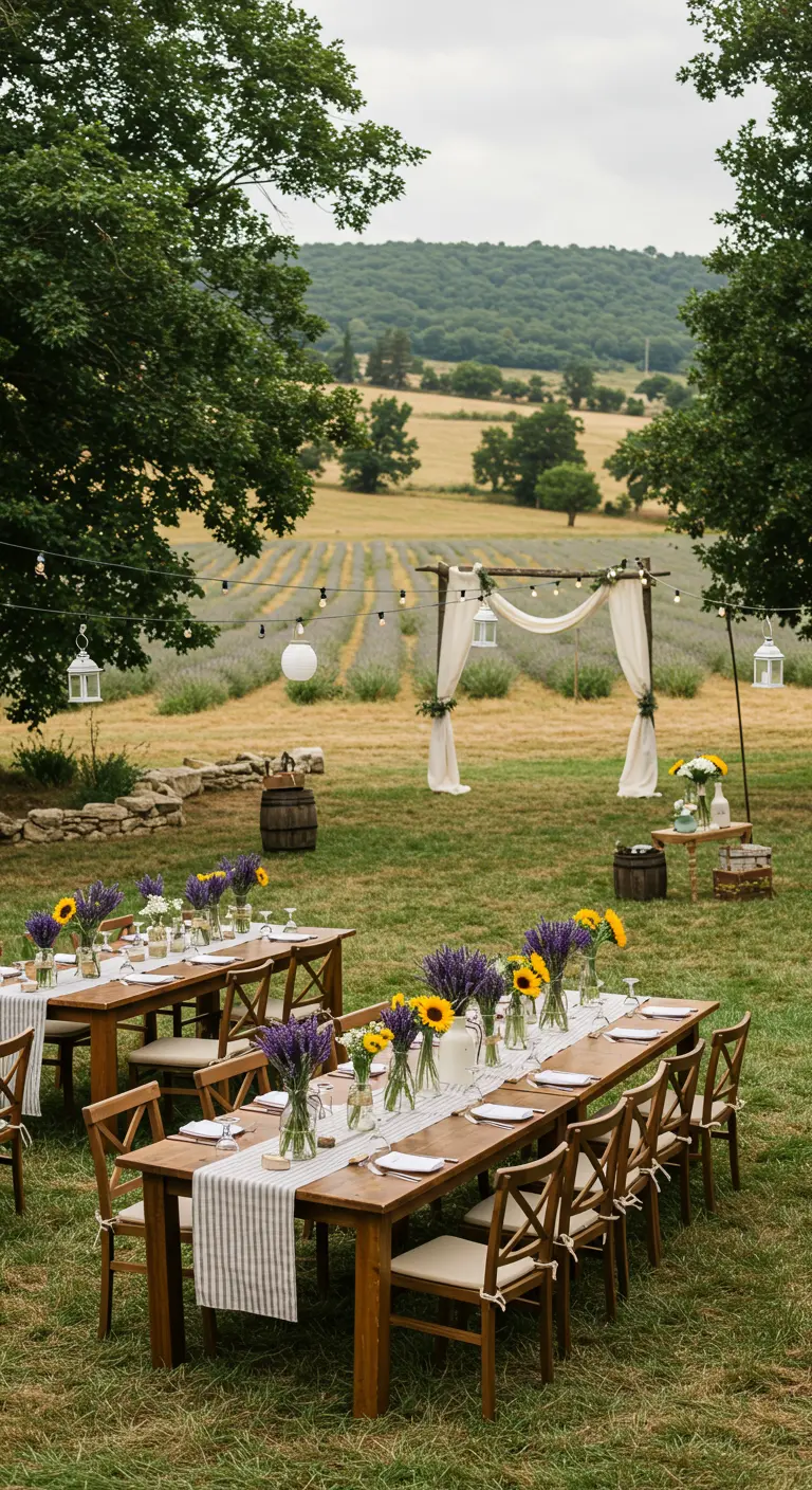 Bruiloft in een lavendelveld met houten tafels, zonnebloemen, lavendel en een ceremoniële boog.