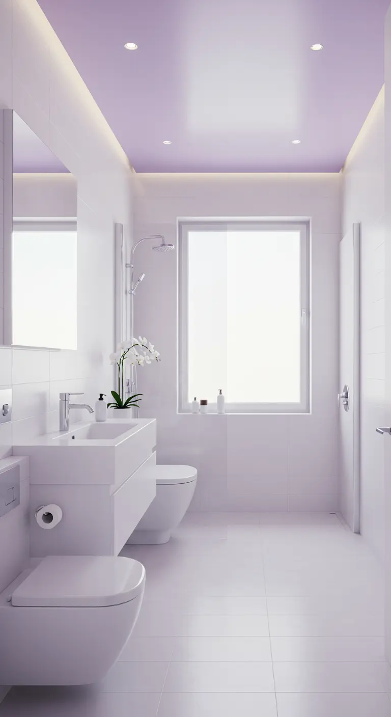 Lichte witte badkamer met een heel zacht lavendelkleurig plafond.