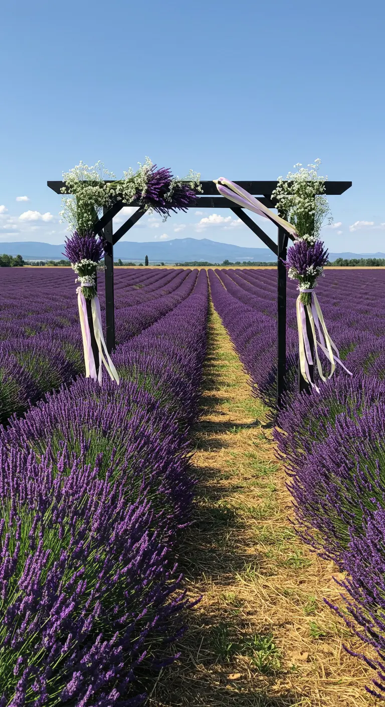 Zwarte houten trouwboog met lavendel en linten in een lavendelveld.