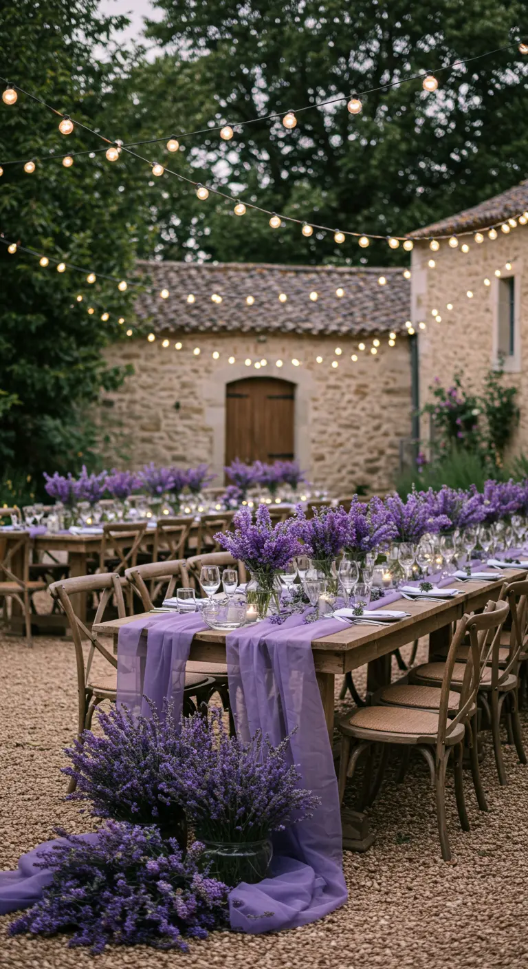 Buitentafel met paarse gaasloper en overvloedige bossen lavendel.