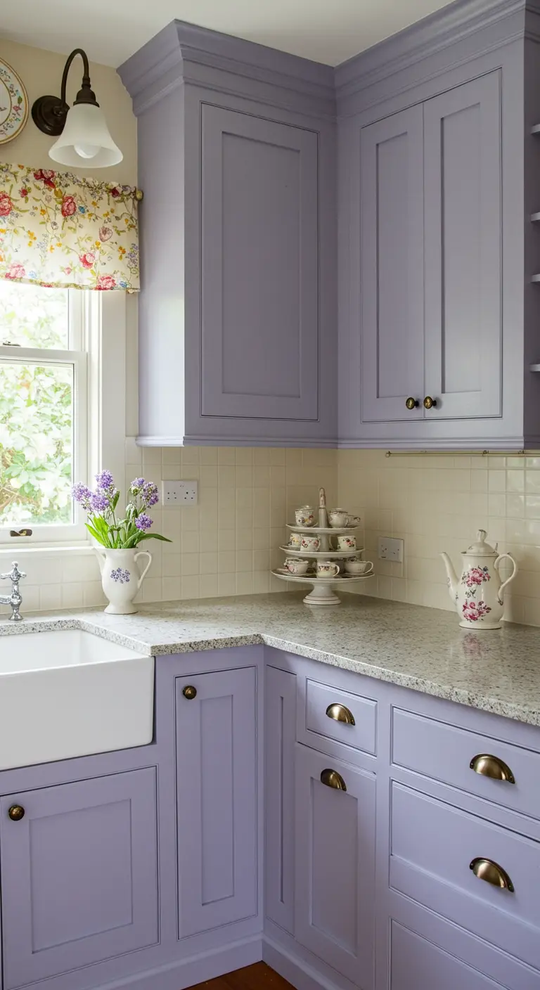 Lila keukenkastjes in cottage stijl met bloemen en klassiek servies.