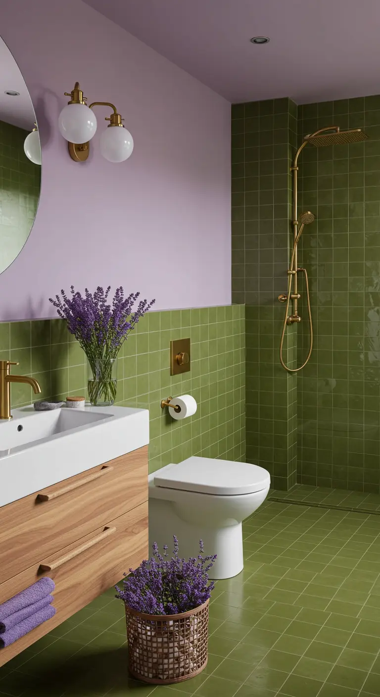 Kleurrijke badkamer met lavendelkleurige muur en olijfgroene tegels, gouden kranen.