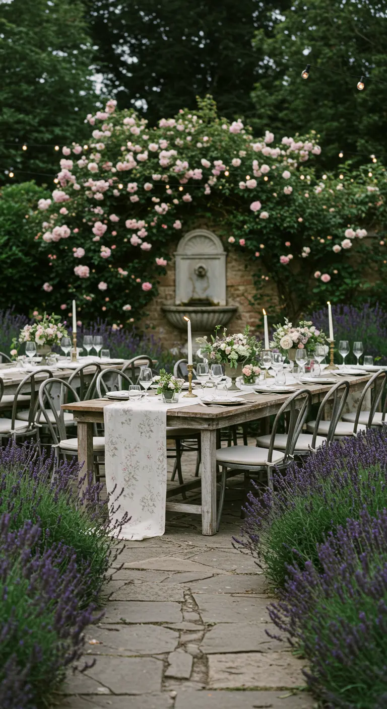 Diner in lavendelveld met lange houten tafel, kaarsen en bloemdecoratie.
