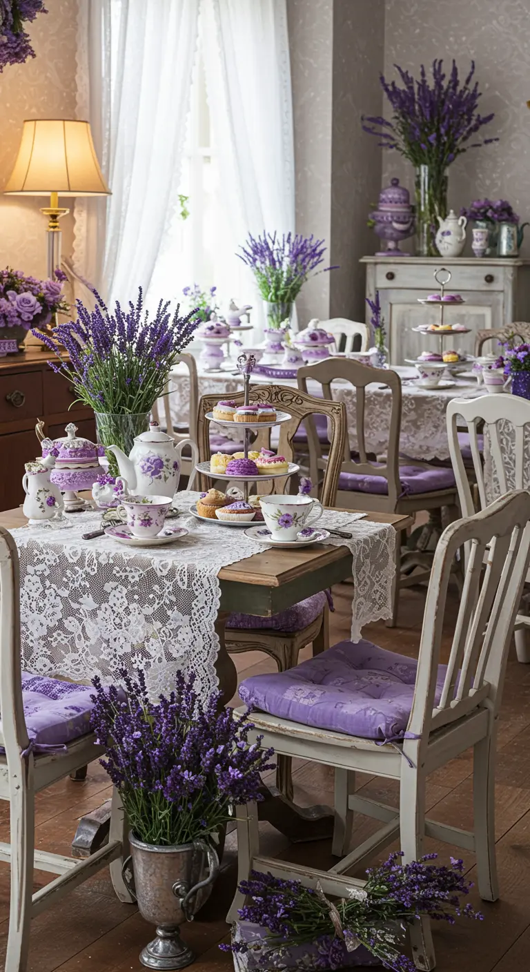Paarse high tea setting met lavendel, kant en sierlijk servies.