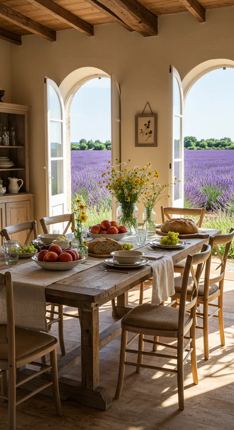 Rustieke eettafel in een kamer met open deuren naar een lavendelveld, fruit en bloemen.