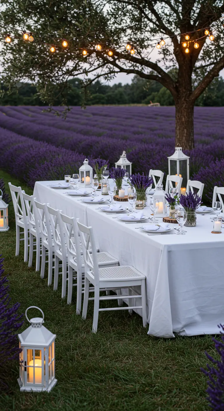 Lange witte dinertafel in een lavendelveld, verlicht door lichtslingers en lantaarns.
