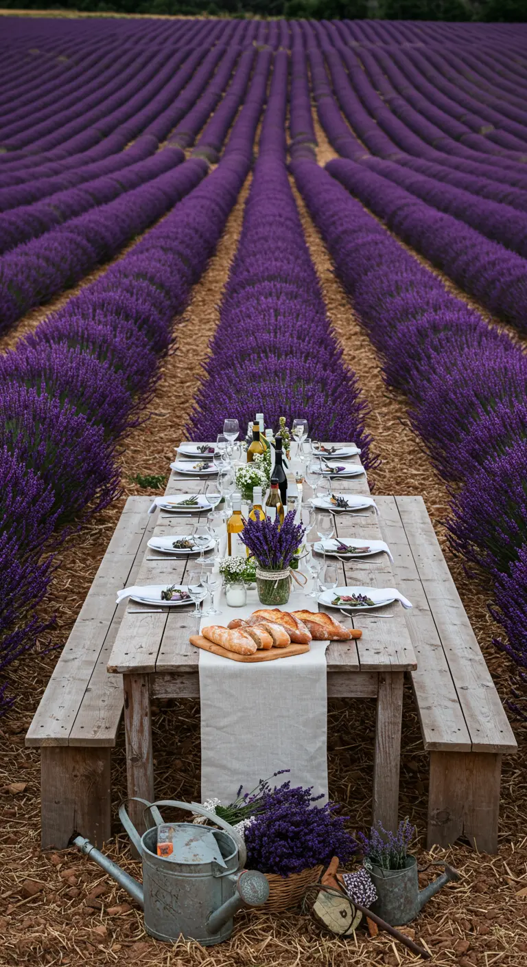Lange houten eettafel in een lavendelveld met eenvoudig servies en broden.