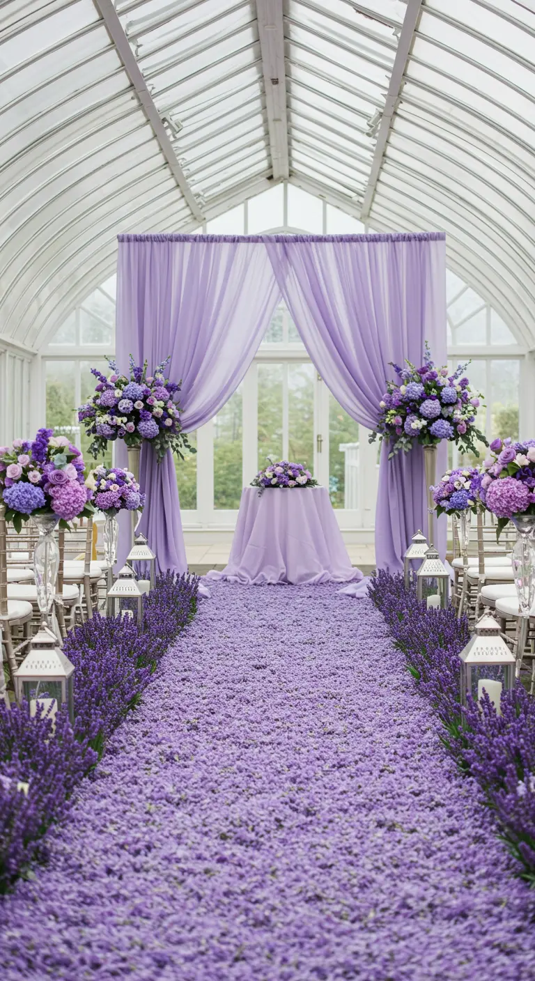 Ceremoniepad in kas bedekt met lavendelbloesems, met paarse bloemstukken en draperieën.