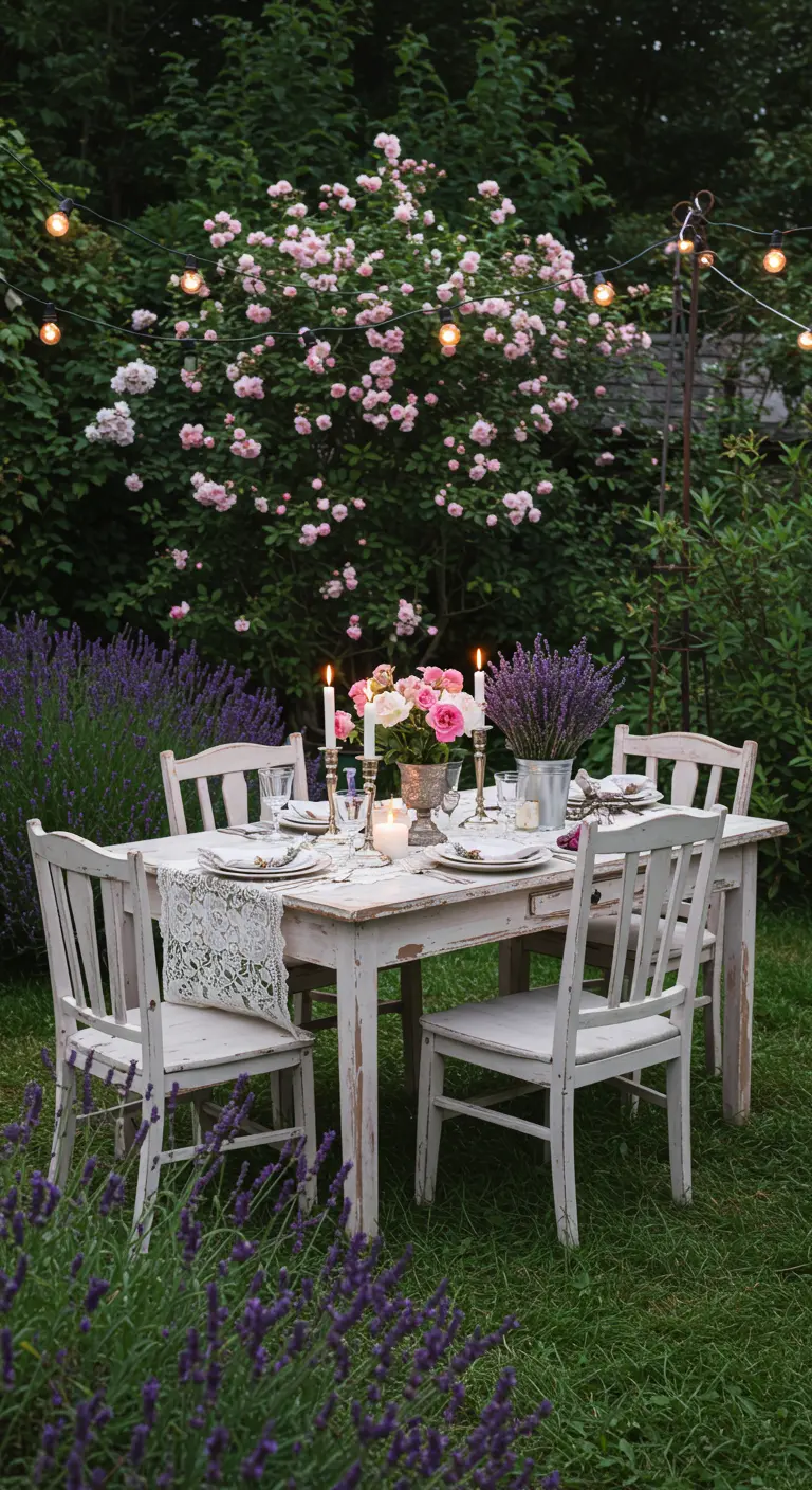 Tuintafel omringd door lavendel, met rozen en kaarsen.