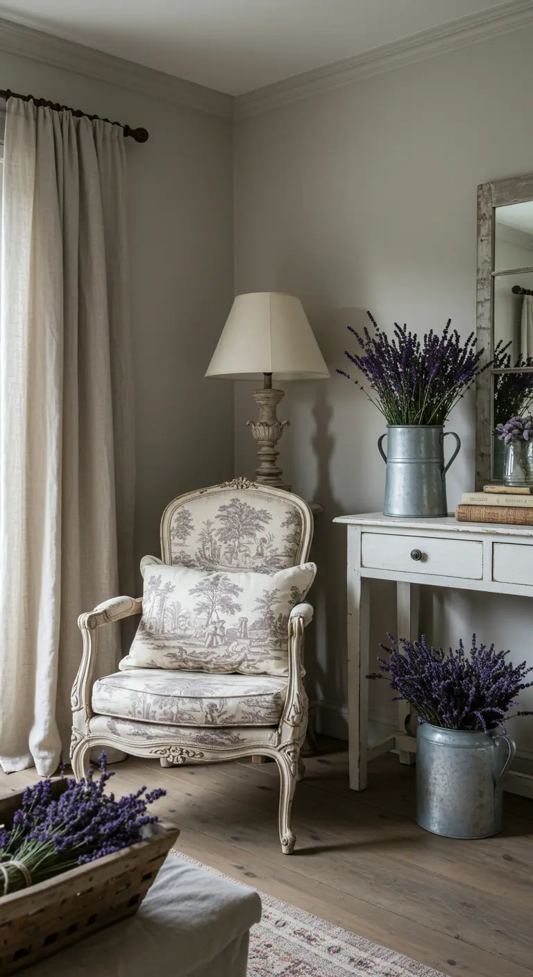 Provençaalse hoek met fauteuil met landschapspatroon, wit tafeltje en bossen lavendel.