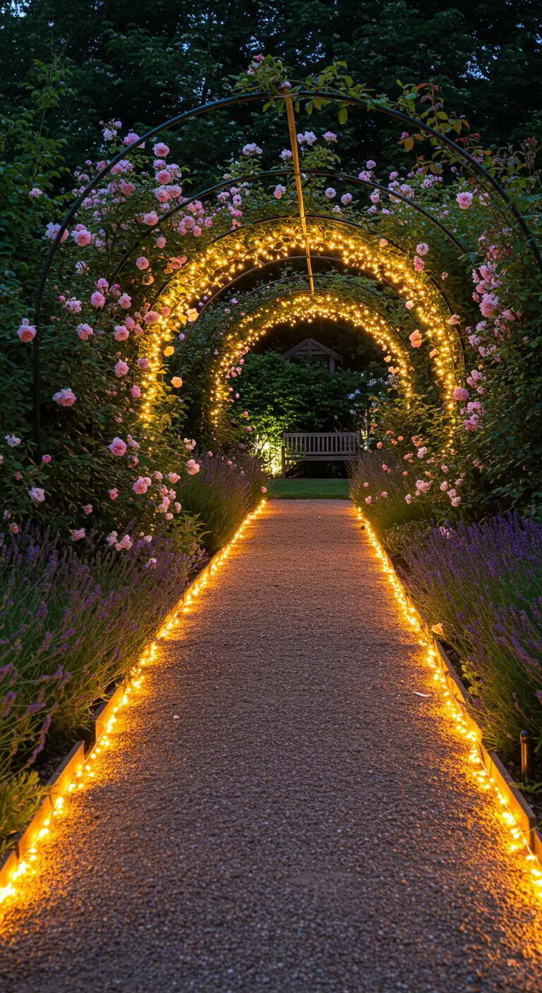 Tuinpad omzoomd met lavendel en rozen, leidend naar een boog die is versierd met fairy lights.