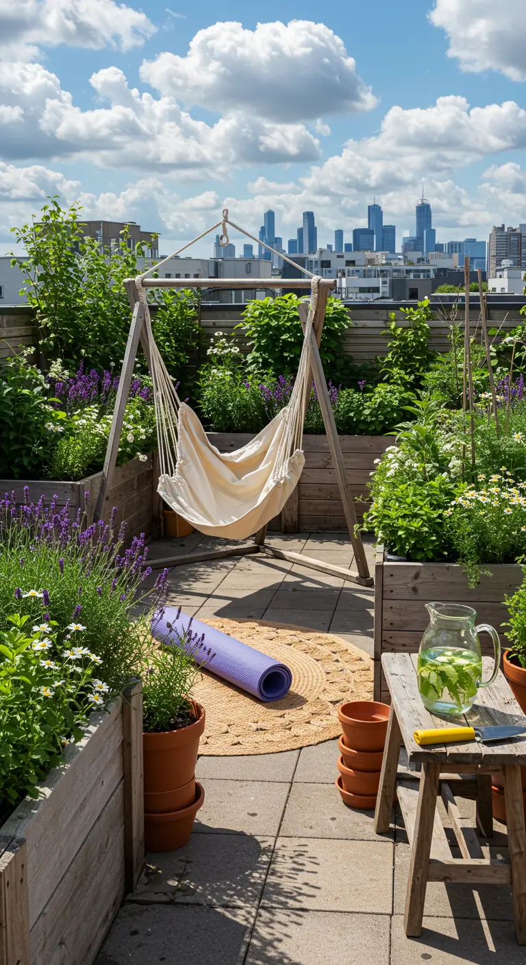 Canvas hangmat aan houten frame op dakterras met lavendel en stadszicht.