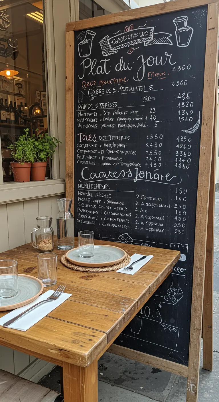 Houten tafel naast een groot krijtbord met het menu 'Plat du Jour'.