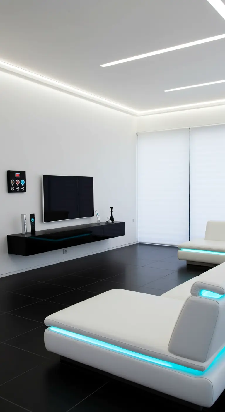 Futuristische woonkamer met witte lage banken, blauwe LED-verlichting en zwarte vloer.