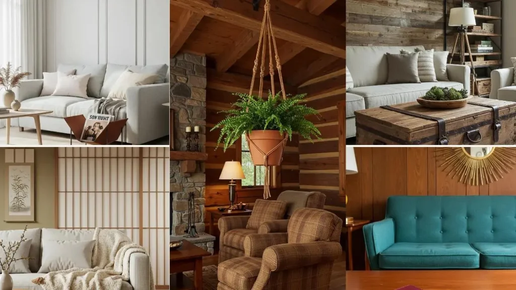 Collage van interieurs met subtiele leren accenten in meubels en decor.