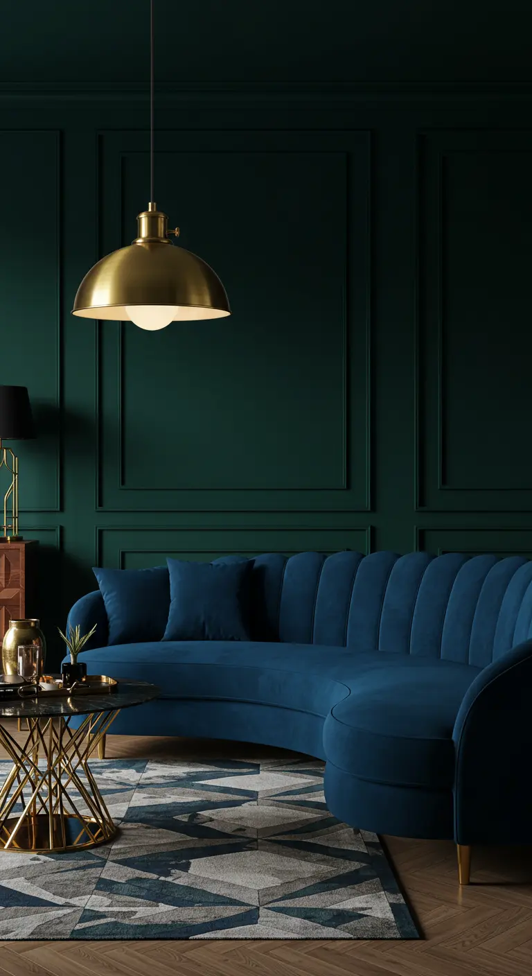 Luxe woonkamer met donkergroene muren, een gebogen blauwe fluwelen bank en gouden accenten.