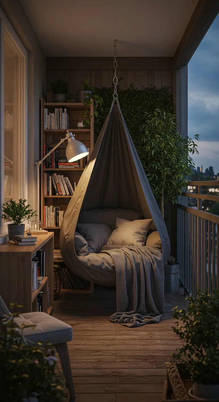 Sfeervol balkon 31 met tentachtige hangstoel, boekenplank en leeslamp