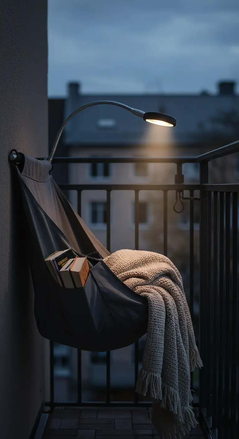 Grijze hangzak-stoel met boeken, plaid en leeslampje op een balkon 's avonds.