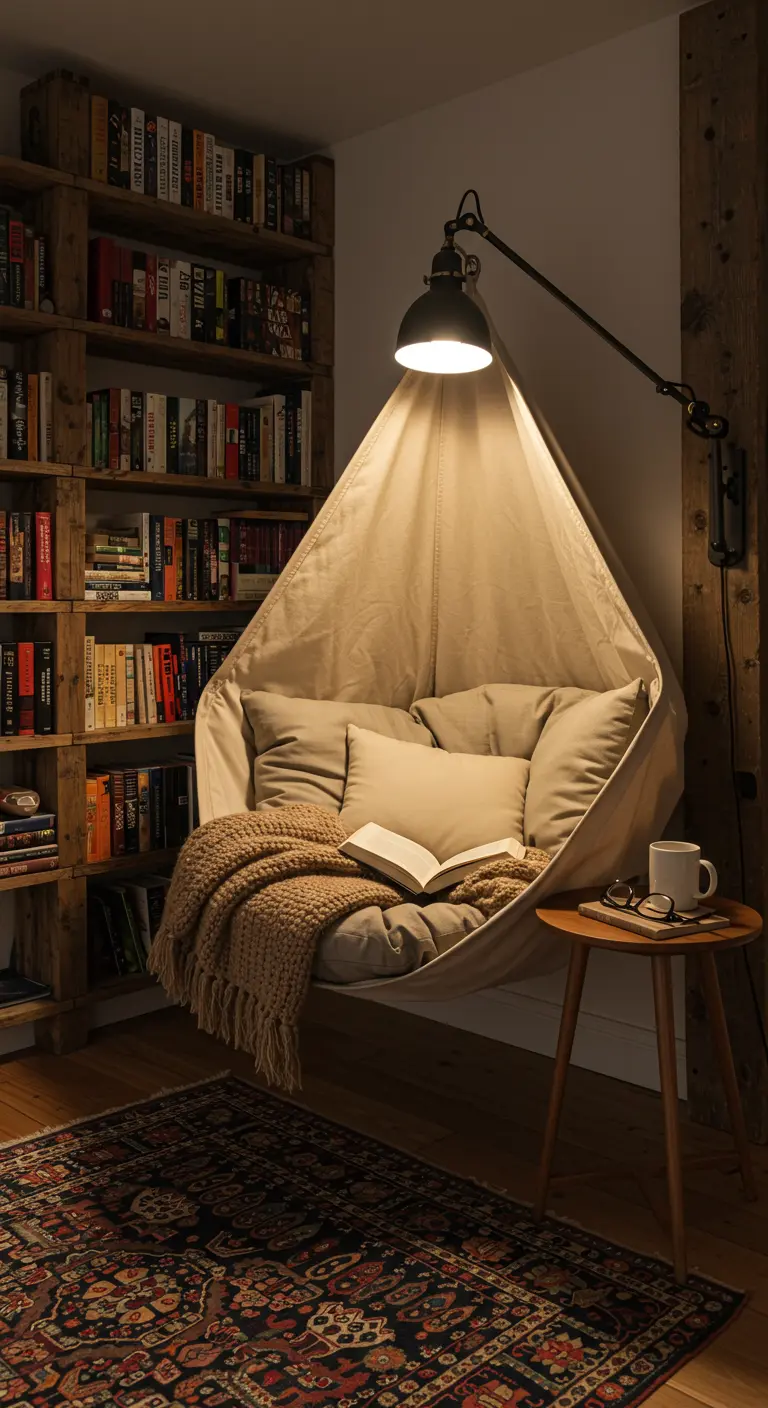 Canvas hangstoel in een leeshoek met boekenplanken en een industriële lamp.