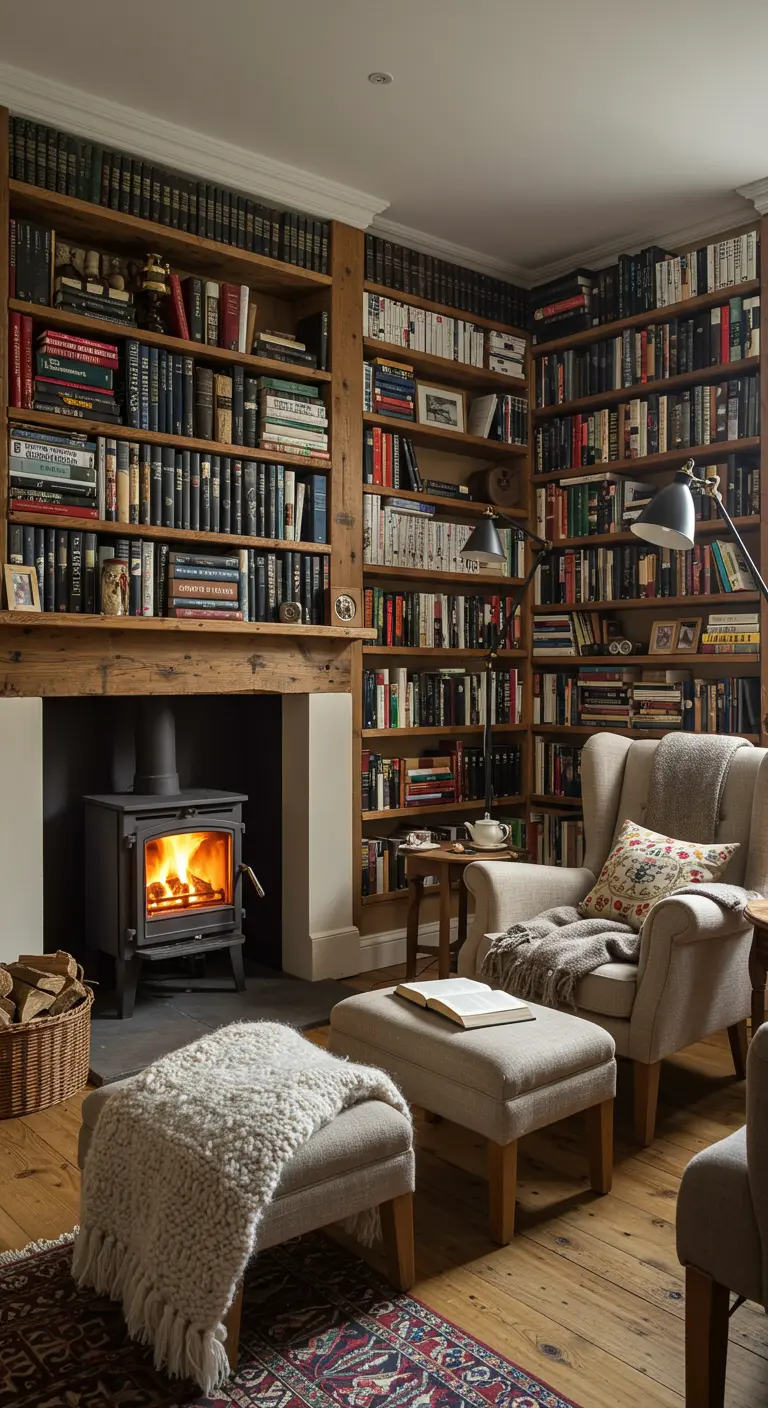 Gezellige leeshoek met houtkachel, boekenkasten tot aan plafond en comfortabele fauteuil.