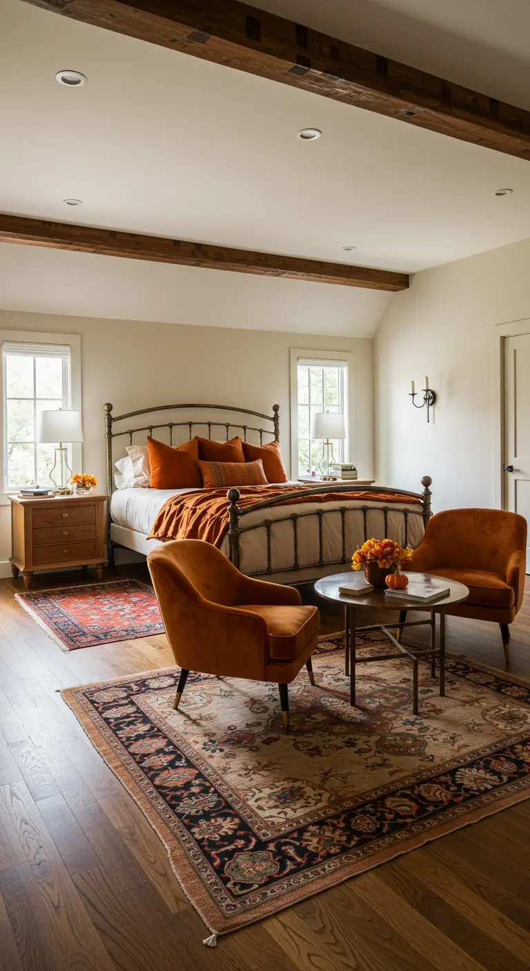 Slaapkamer met twee oranje fauteuils, Perzisch tapijt, smeedijzeren bed en herfstdecoratie.