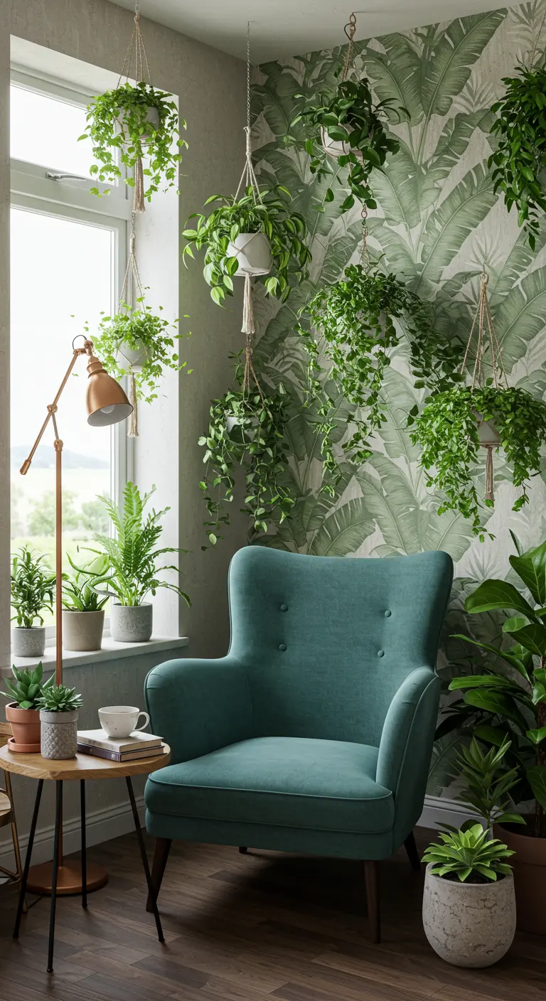 Leeshoek met teal fauteuil, bananenblad behang en veel planten rond het raam.