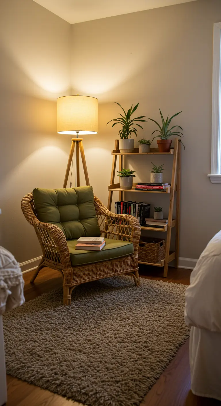 Knusse leeshoek met rotan fauteuil, staande lamp en boekenplank met planten.