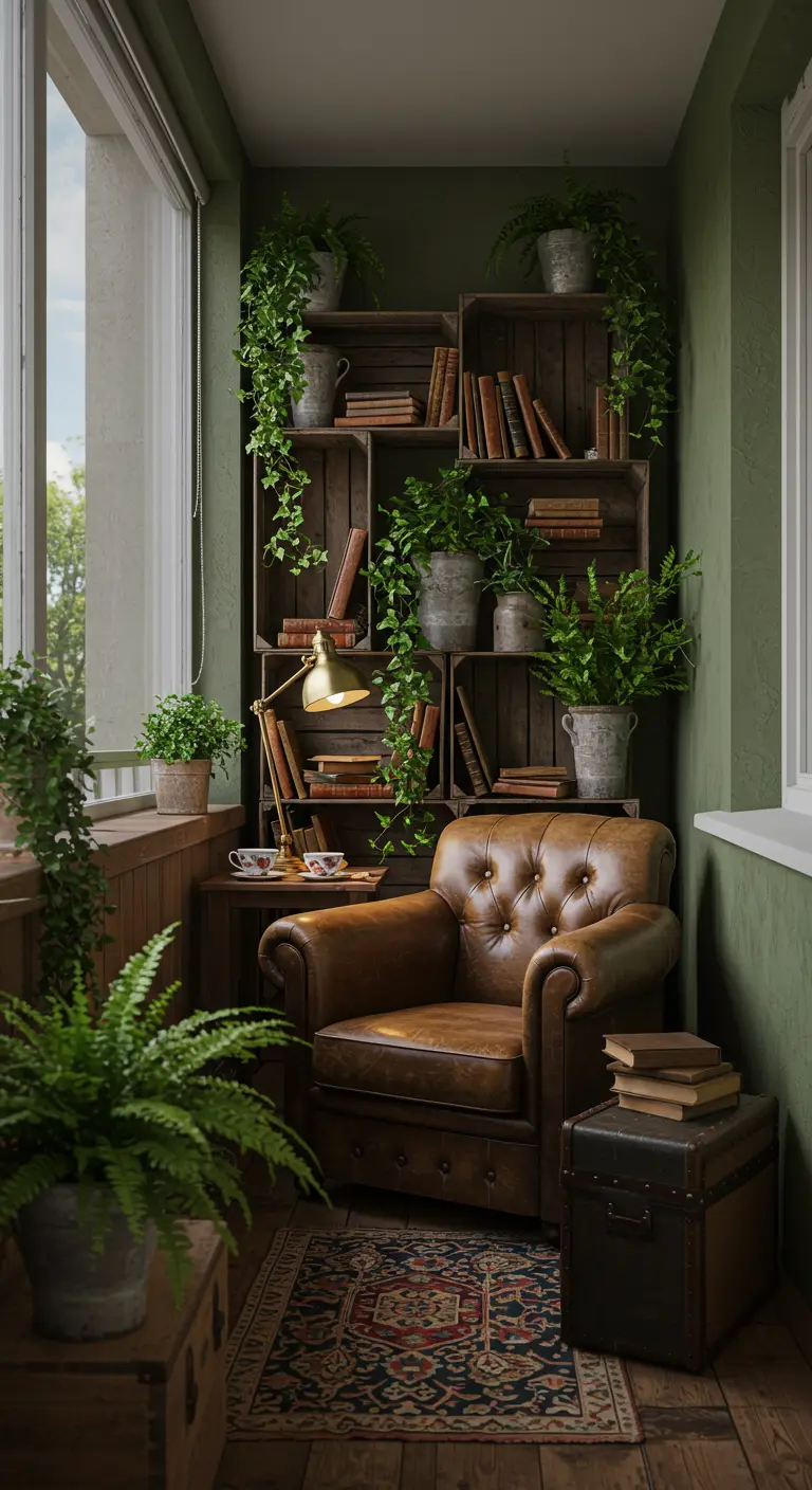 Knusse leeshoek op balkon met leren fauteuil, houten boekenkast van kratten en veel planten.