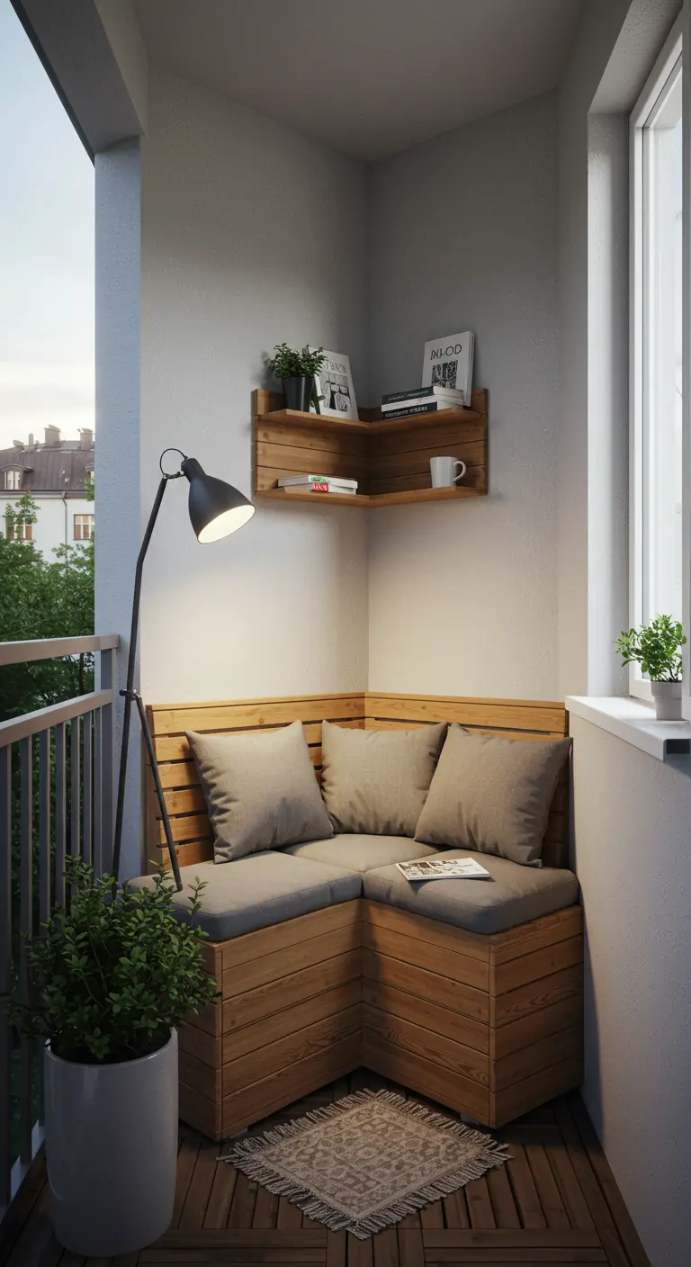 Knus balkonhoekje met houten bank, kussens, hoekplankje en een staande leeslamp.
