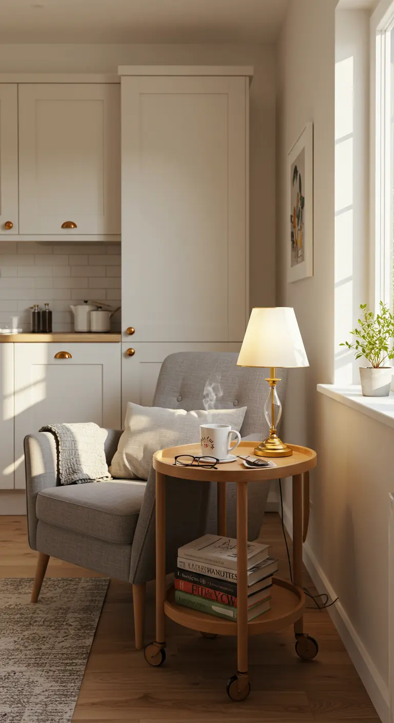Ronde houten trolley als bijzettafel naast een fauteuil, met een lamp, boeken en een kop thee.