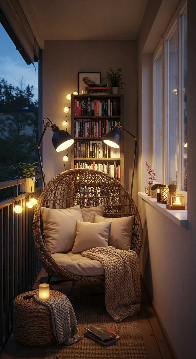 Rieten egg chair met kussens en plaid, lichtslingers, boeken en kaarsen op een smal balkon.