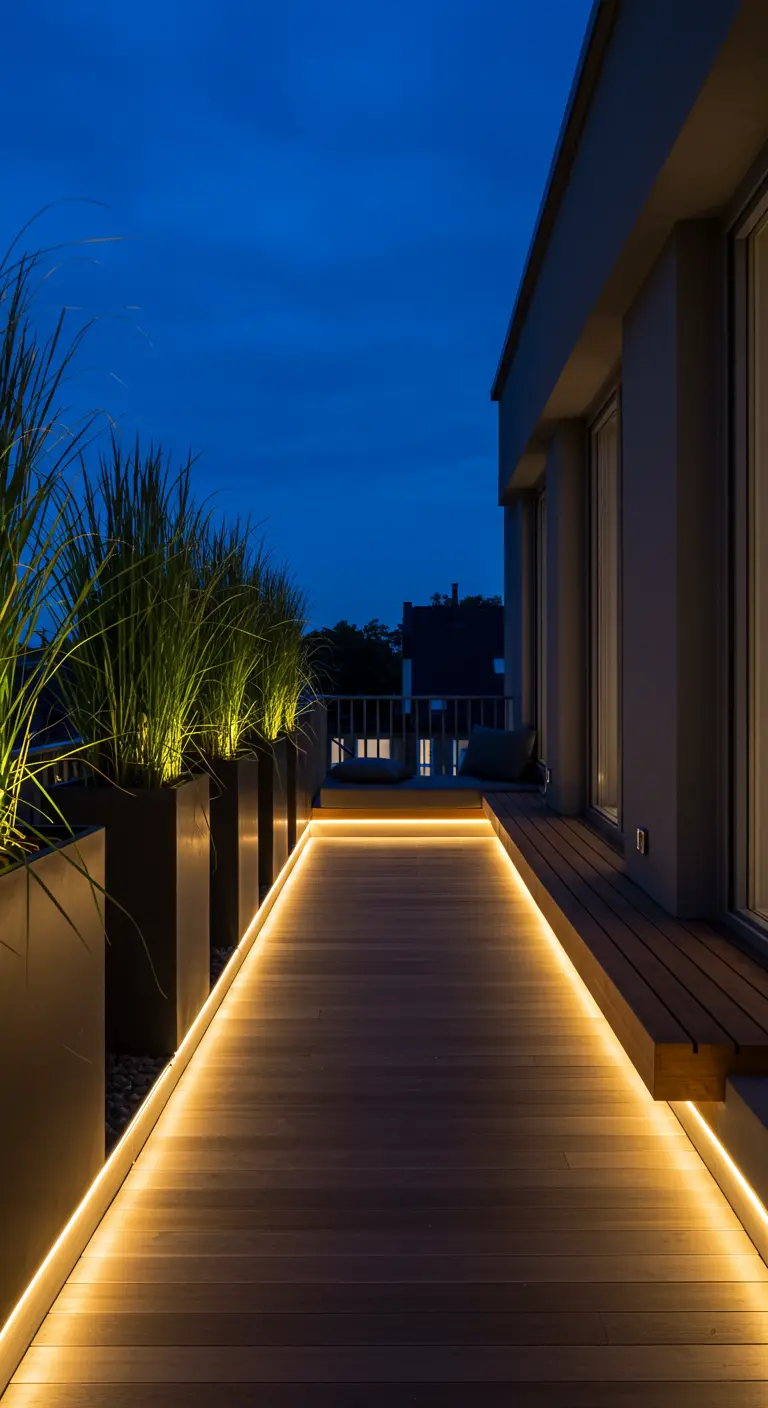 Lang smal balkon 's avonds met LED-verlichting langs de houten vloer en hoge plantenbakken.