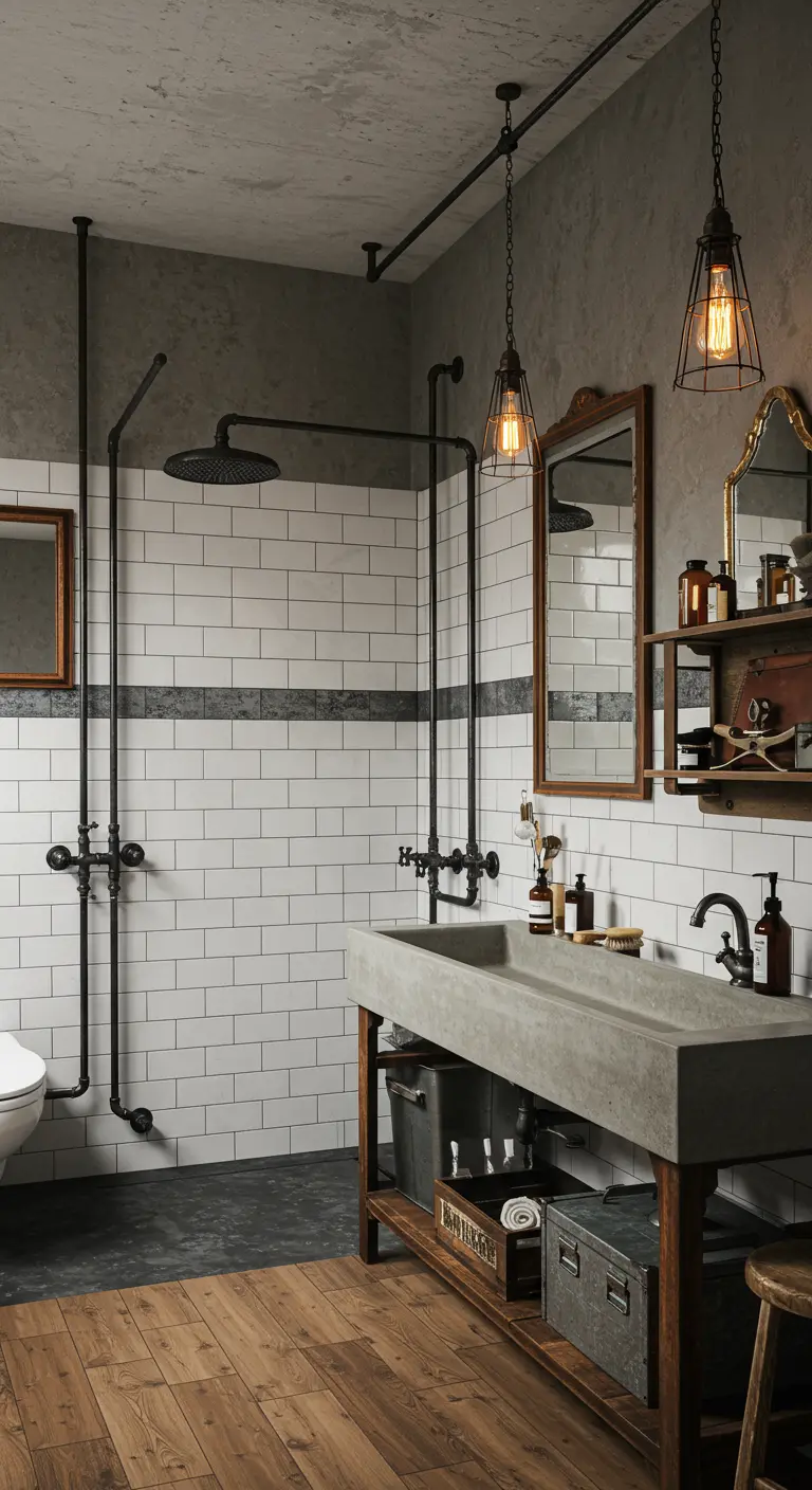 Industriële badkamer met zichtbare zwarte leidingen, betonnen wasbak en metrotegels.