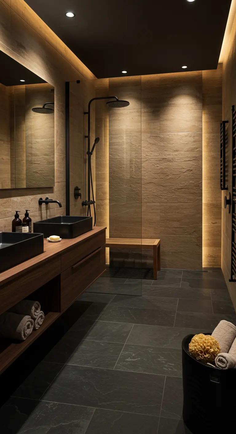 Moderne badkamer met leistenen vloer, houten meubels, zwarte waskommen en indirect licht.