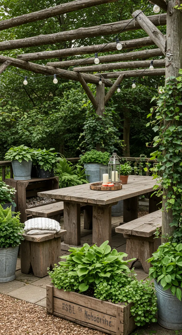 Rustieke zithoek onder een pergola met houten tafel en banken, omringd door Lelietjes-van-dalen en Hosta's in potten.