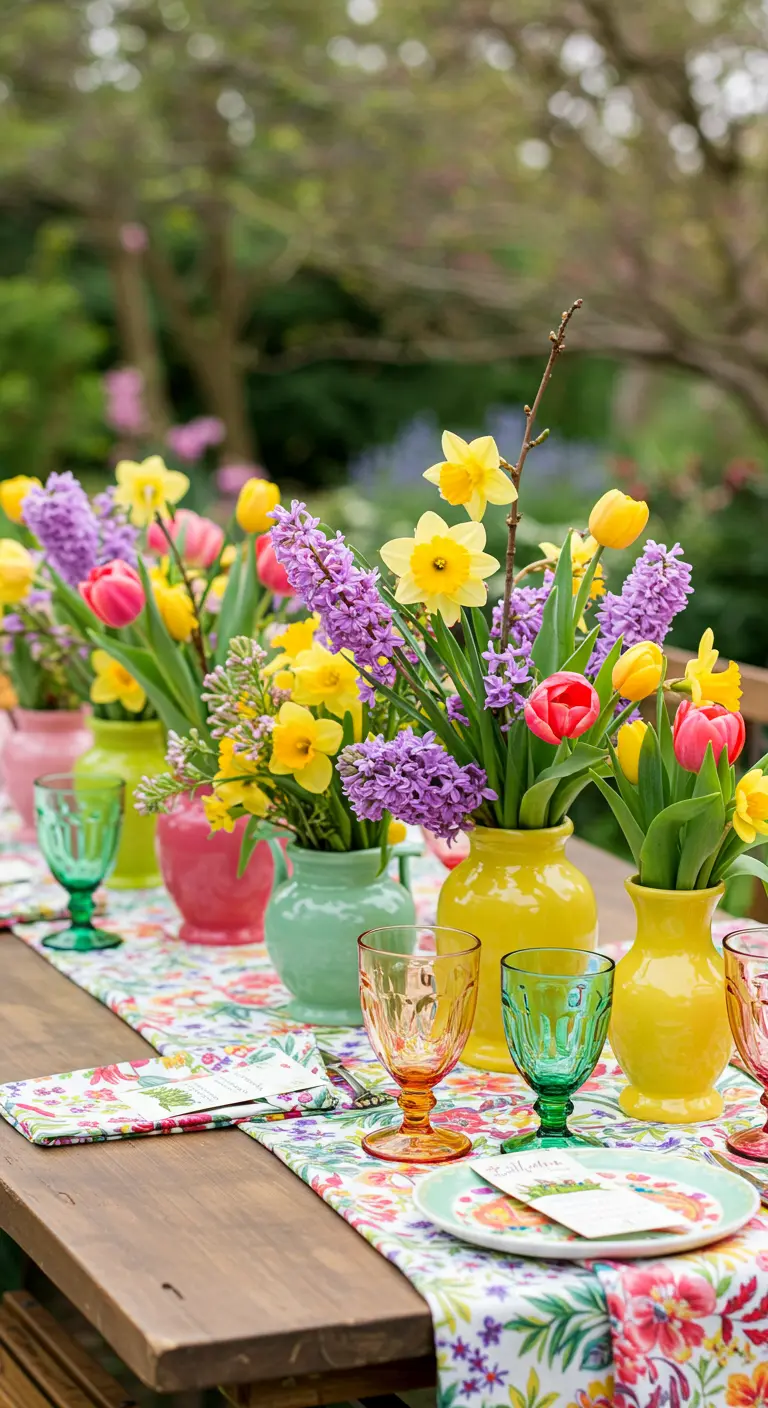 Vrolijke lentetafel met bonte bloemen in felgekleurde vazen en gebloemd kleed.